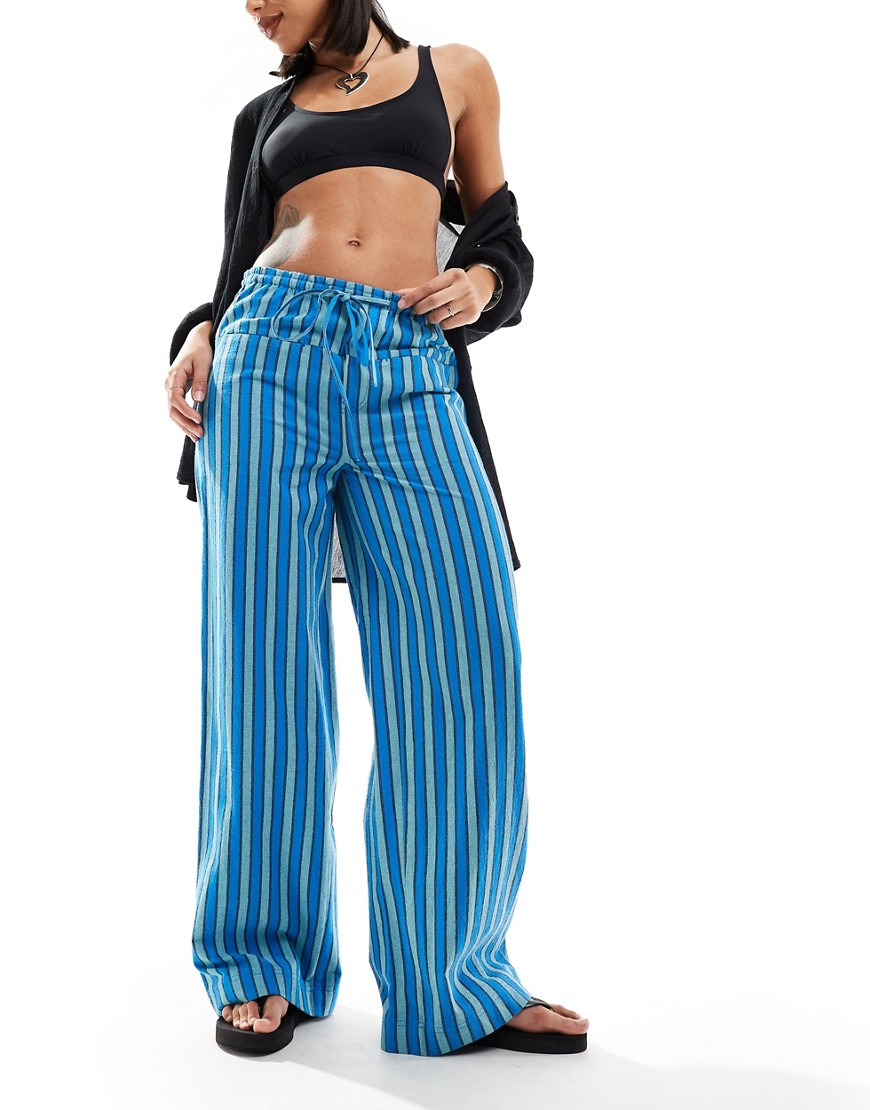 drawstring wide leg pants in blue stripe