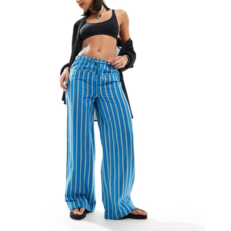 Free People drawstring wide leg pants in blue stripe ASOS