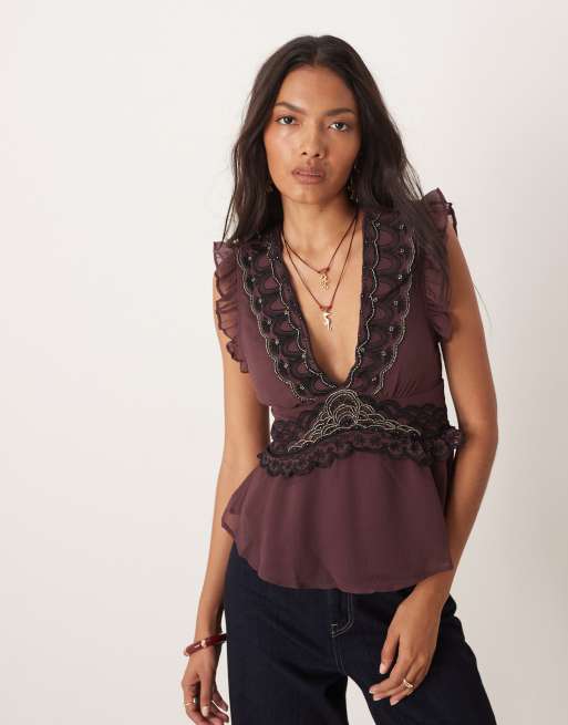 Free People dream on beaded tank in chocolate brown, 2 of 4
