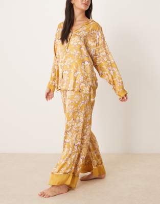 Free People Dreamy Days Floral Print Satin Pajama Set In Gold