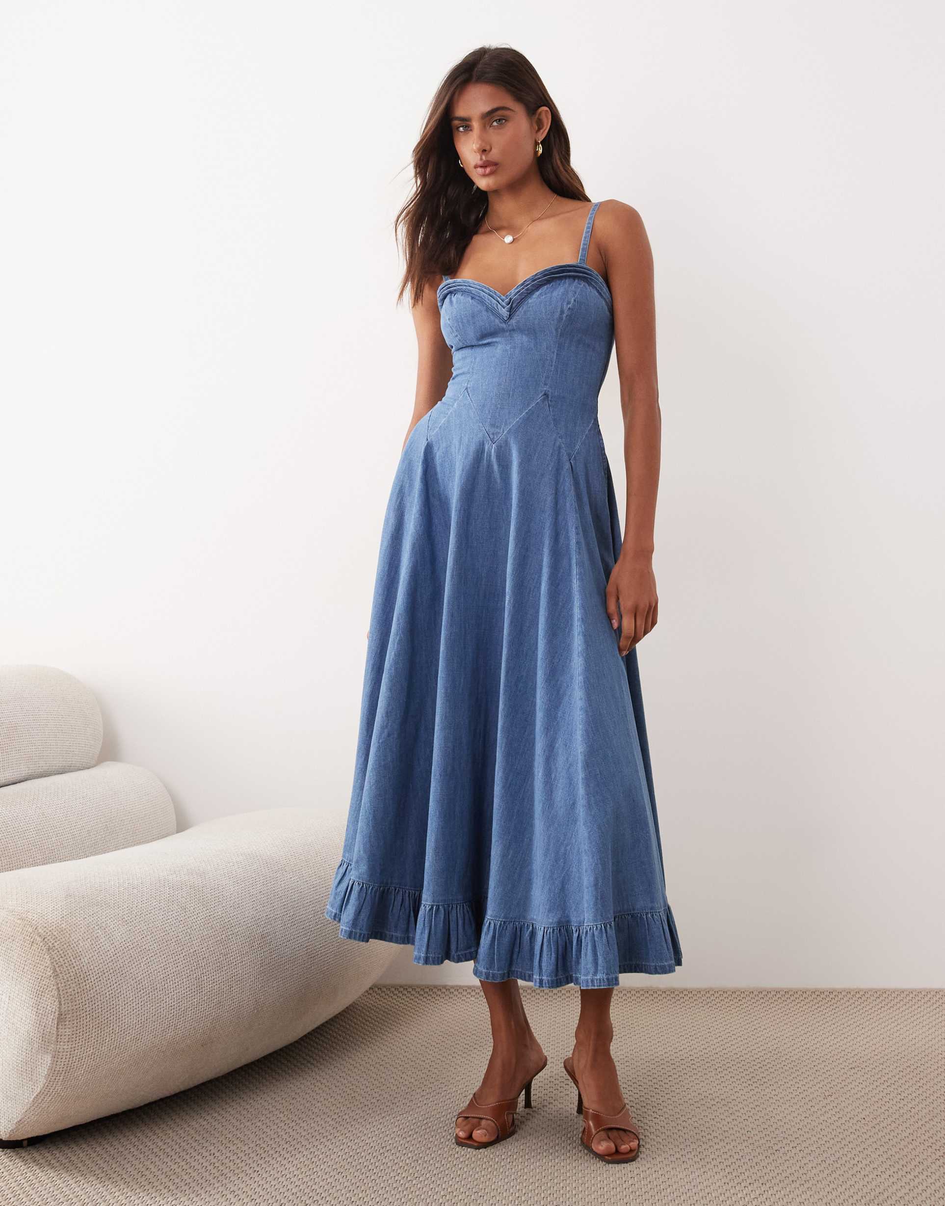free people drop waist midi dress in blue