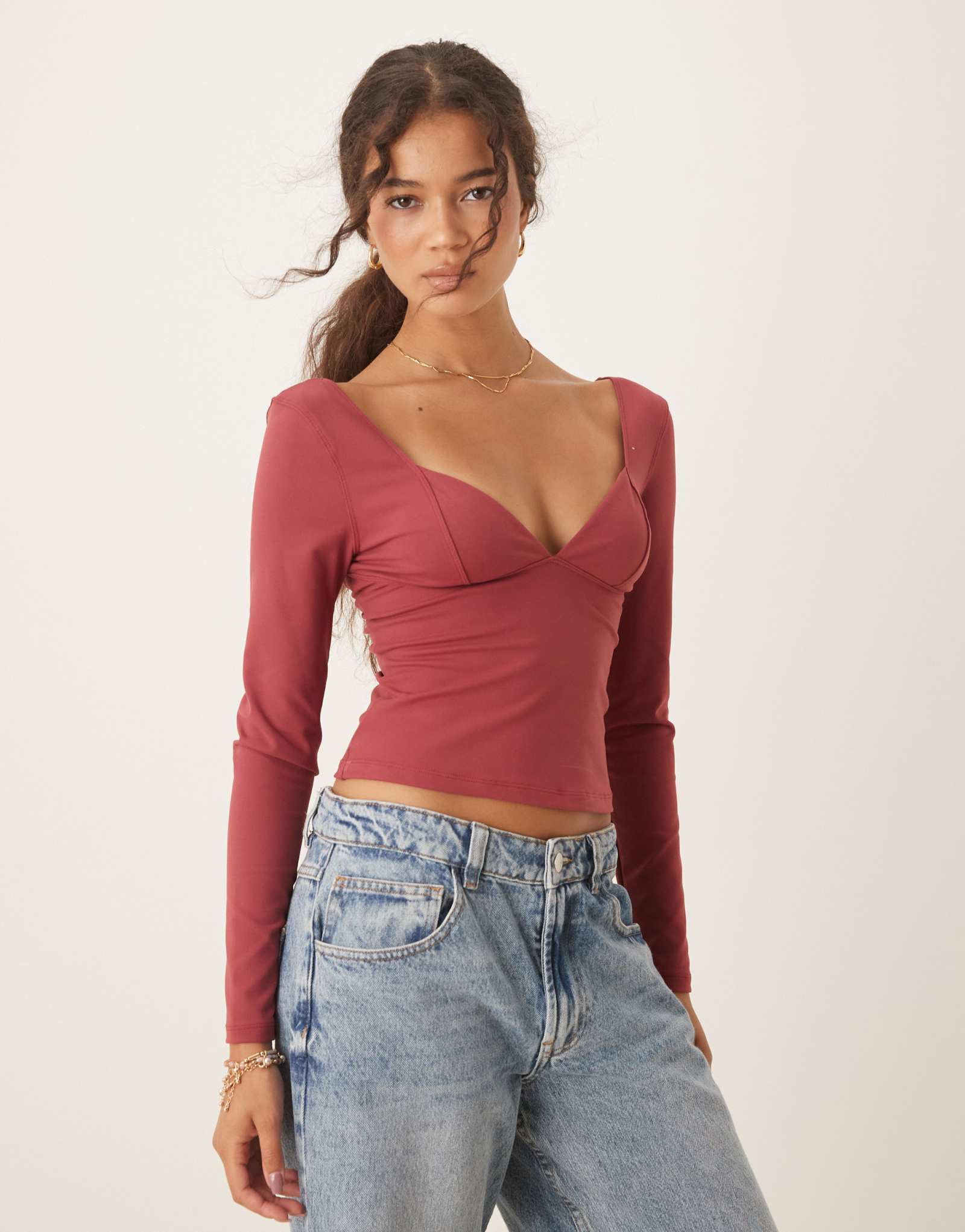 Корсетный топ с длинным рукавом Free People duo темно-красного цвета