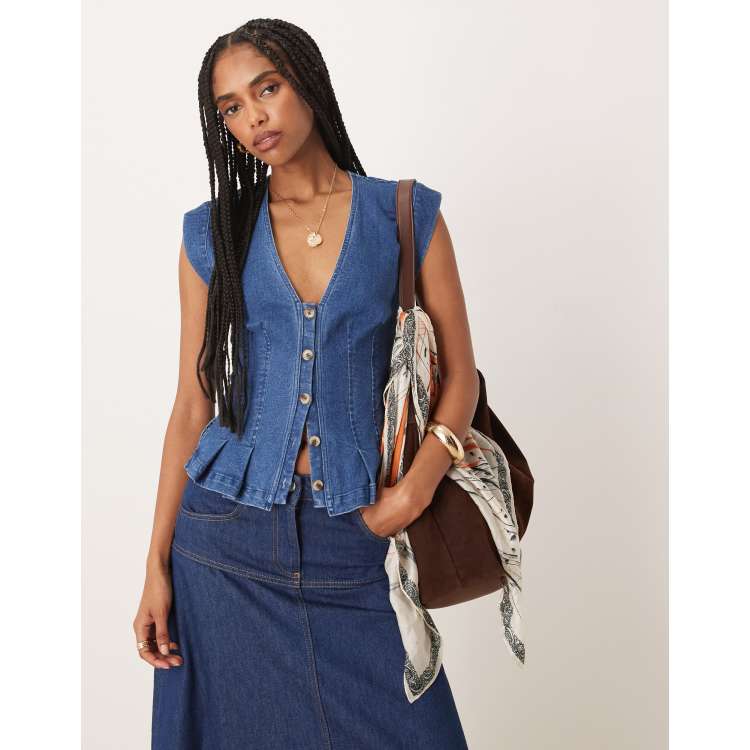 Free People dylan denim v-neck vest top in medium blue | ASOS