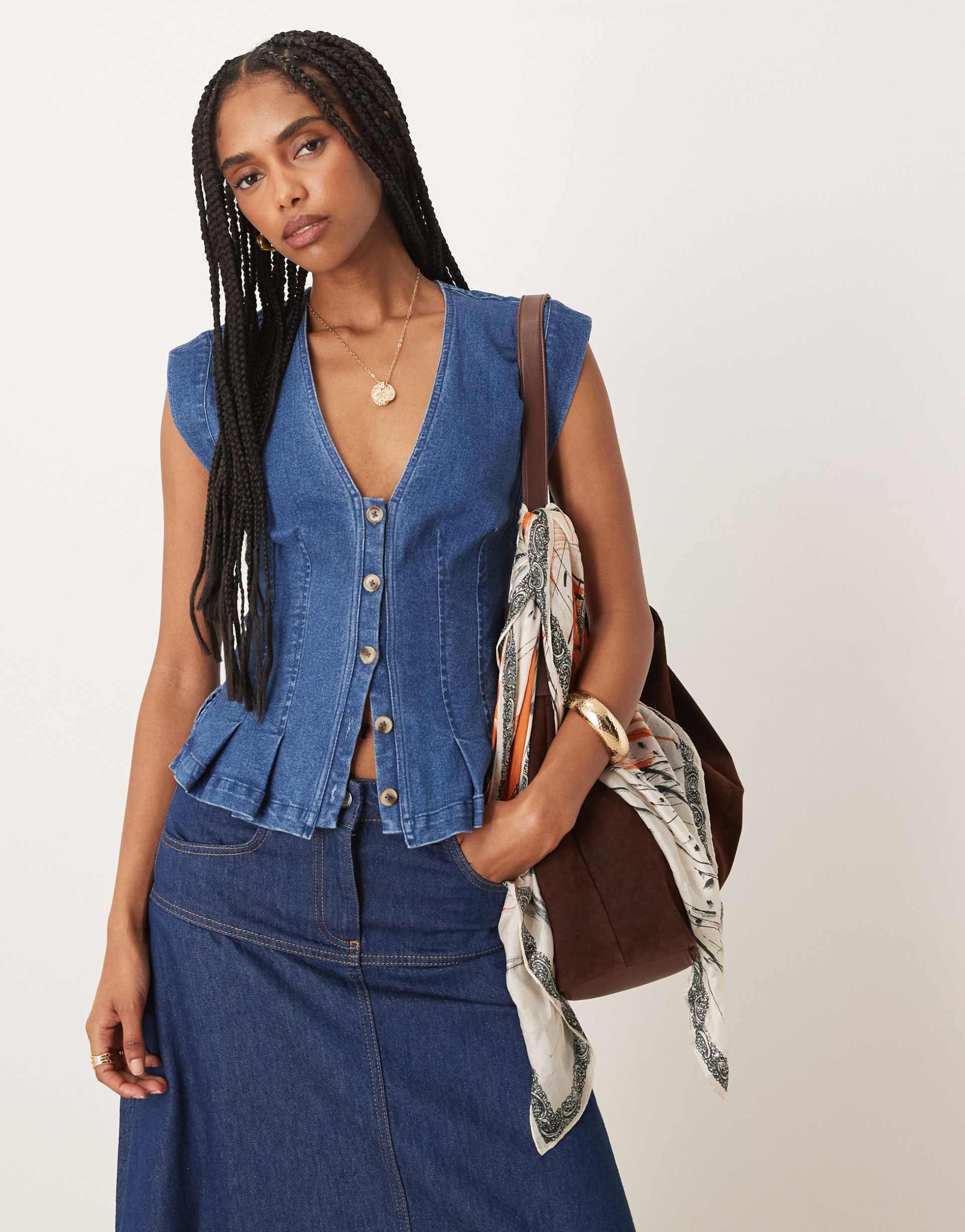 free people dylan denim v-neck vest top in medium blue