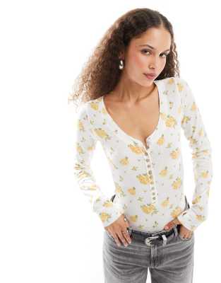 Free People Dylan Floral Printed Henley Bodysuit In Ivory-White
