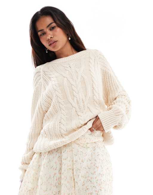 Free People – Dzianinowy sweter oversize o warkoczowym splocie w kolorze kości słoniowej