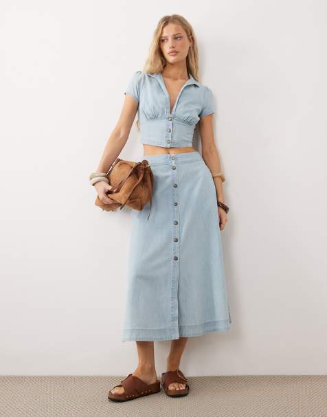 Free People easy does it denim blouse and midaxi skirt set in ice crush