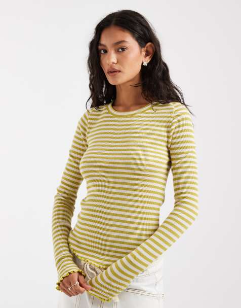 Free People Easy does it randig t-shirt med långa ärmar i grön mix - view 1