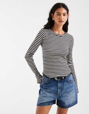 Free People Easy Does It Striped Long Sleeve T-shirt In White