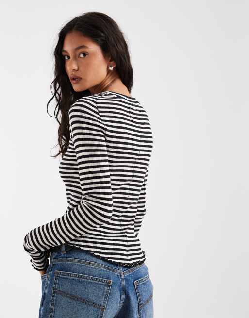 Free People Easy does it striped long sleeve T-shirt in black white, 4 of 4