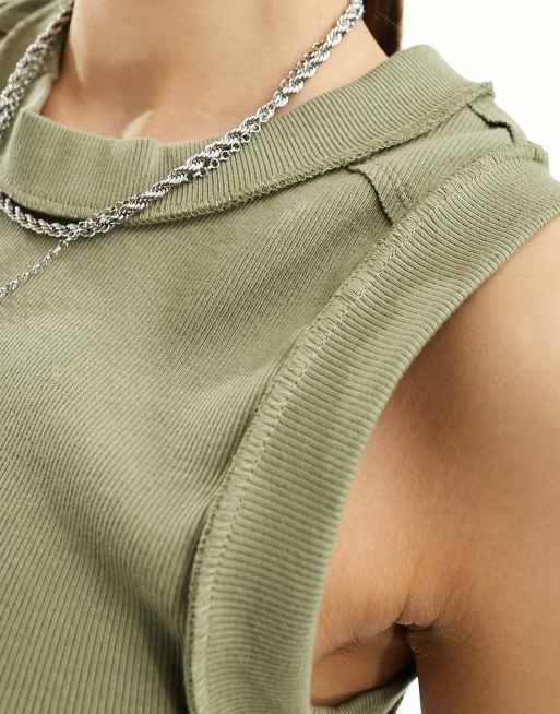Free People edge detail ribbed singlet in willow khaki, 2 of 4