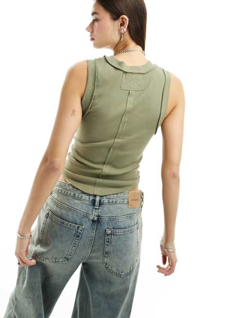 Free People edge detail ribbed singlet in willow khaki, 3 of 4