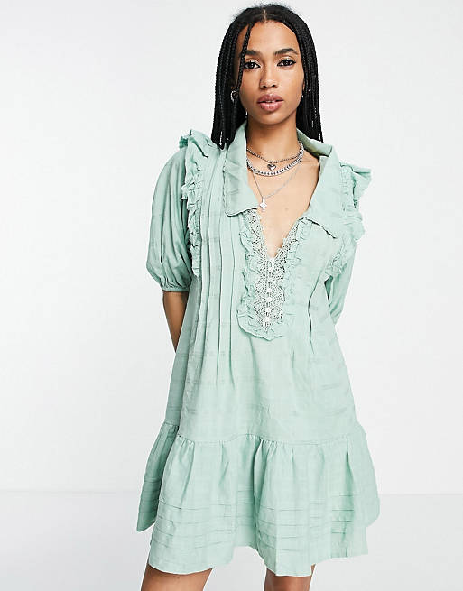 Free People - Elora - Geruite mini jurk in groen