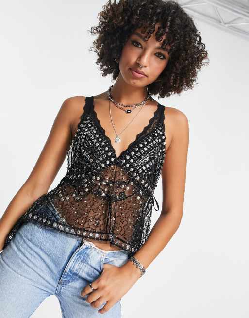 Free People power play lace bust camisole in chocolate, ASOS