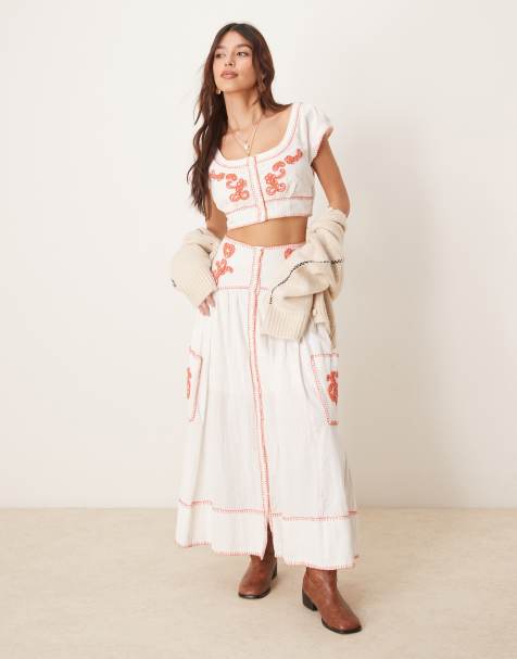 Free People embroidered boho co-ord skirt and blouse set in ivory - view 1