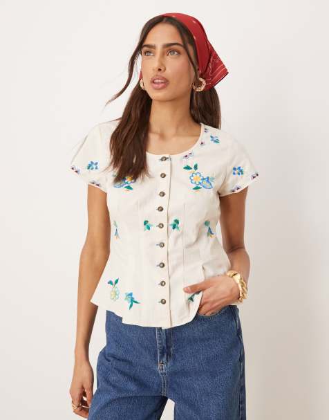 Free People embroidered button through blouse in ivory