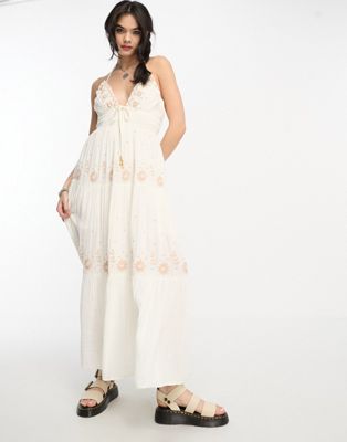Free People embroidered cotton gauze boho maxi dress in ivory