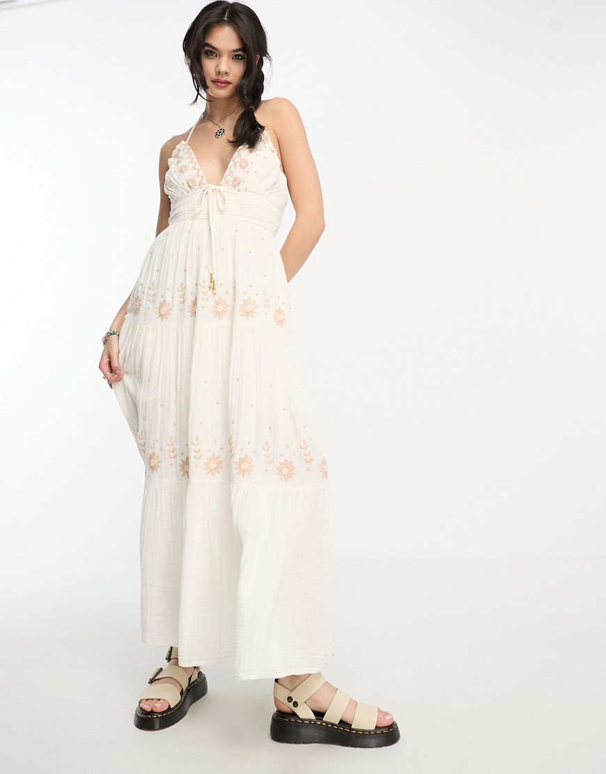 Free People embroidered cotton gauze boho maxi dress in ivory-White