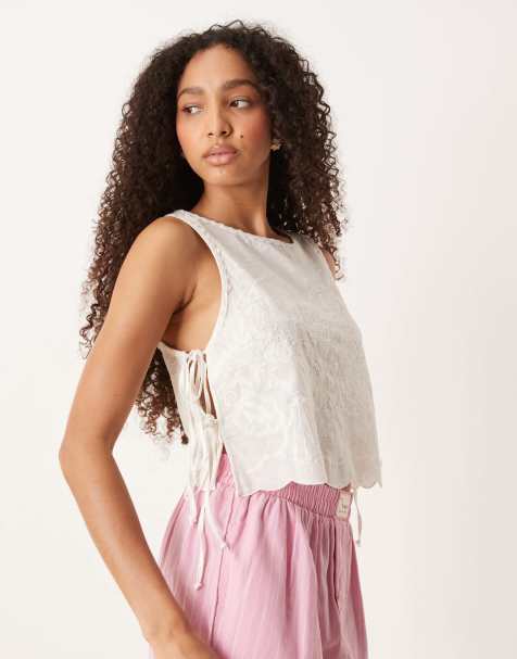 Free People embroidered detail tie-side tank in white - view 1