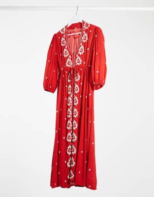 Free People Embroidered V Maxi Dress In Red In Red
