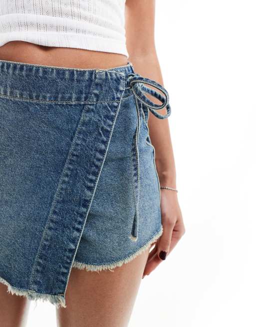 Free People emmy wrap denim skort in mid wash blue, 4 of 5