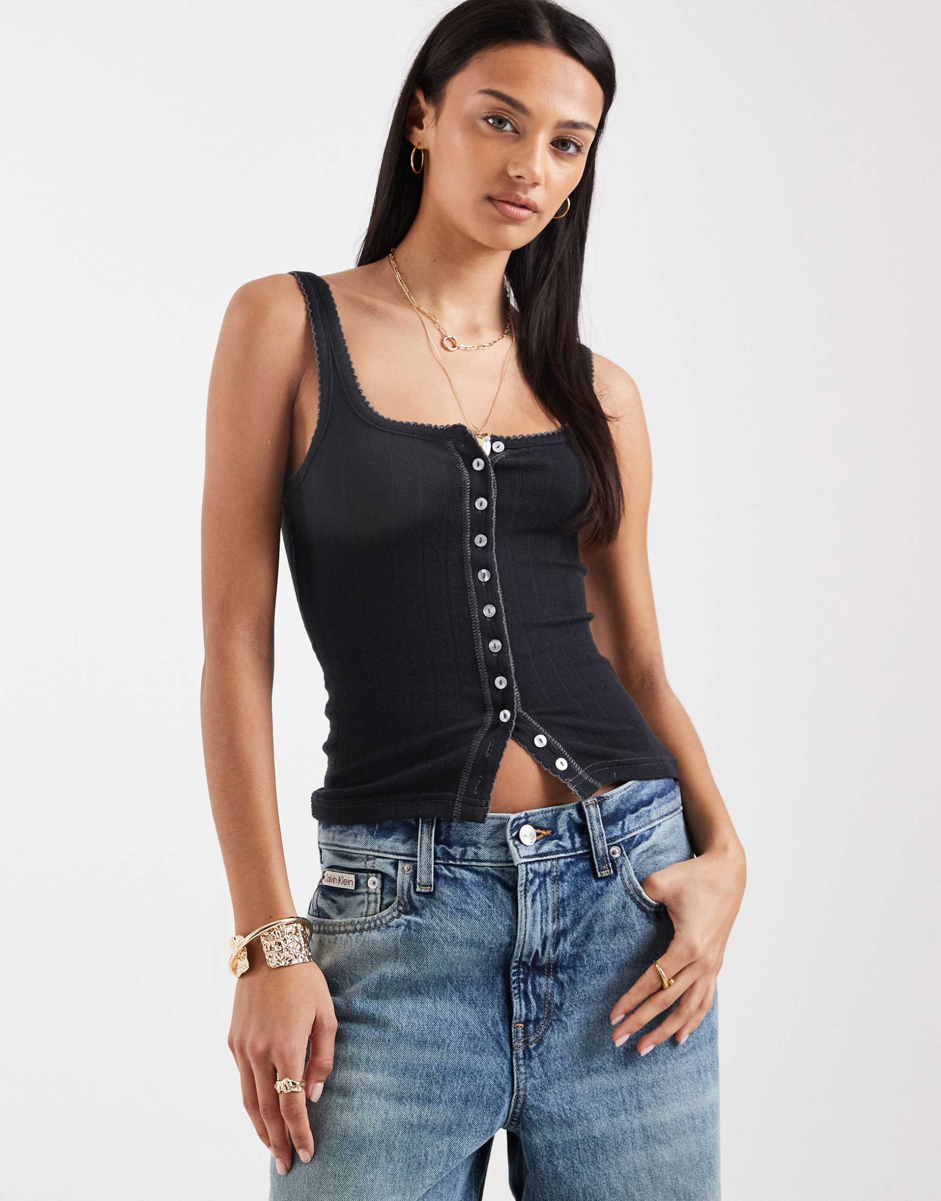 free people end game pointelle tank top in black