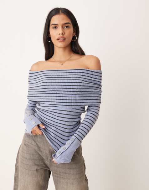 Free People Evergreen off shoulder jumper in blue stripe - view 1
