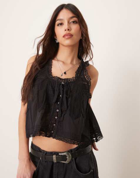 Free People evermore lace insert boho tank top in black - view 1