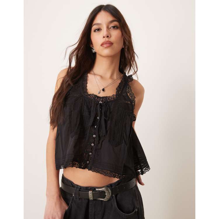 Free People evermore lace insert boho tank top in black | ASOS
