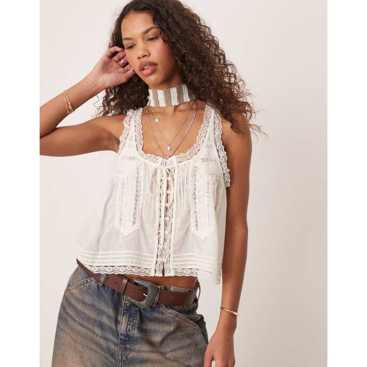 Free People Evermore lace insert boho tank top in ivory | ASOS