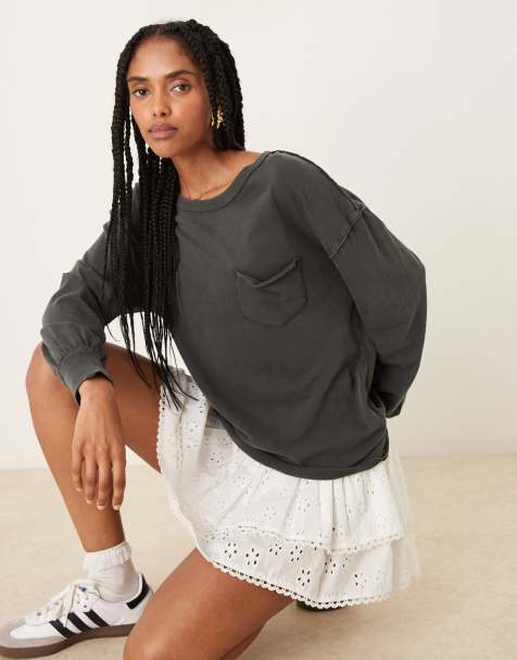 Free People – Fade into you – Mörkgrå t-shirt med långa ärmar och ficka - view 1