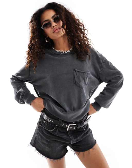 Free People - Fade - T-shirt a maniche lunghe grigio canna di fucile con tasca applicata
