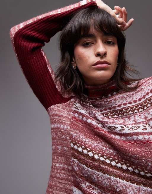 Free People fairisle long sleeve rollneck jumper in rhubard , 3 of 4