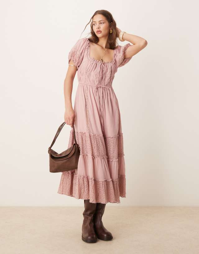 Free People falling sun lace insert midi dress in pale mauve | ASOS