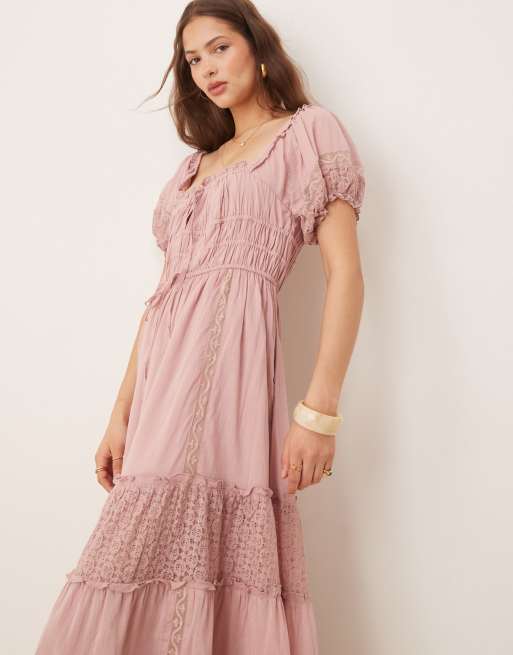 Free People falling sun lace insert midi dress in pale mauve | ASOS