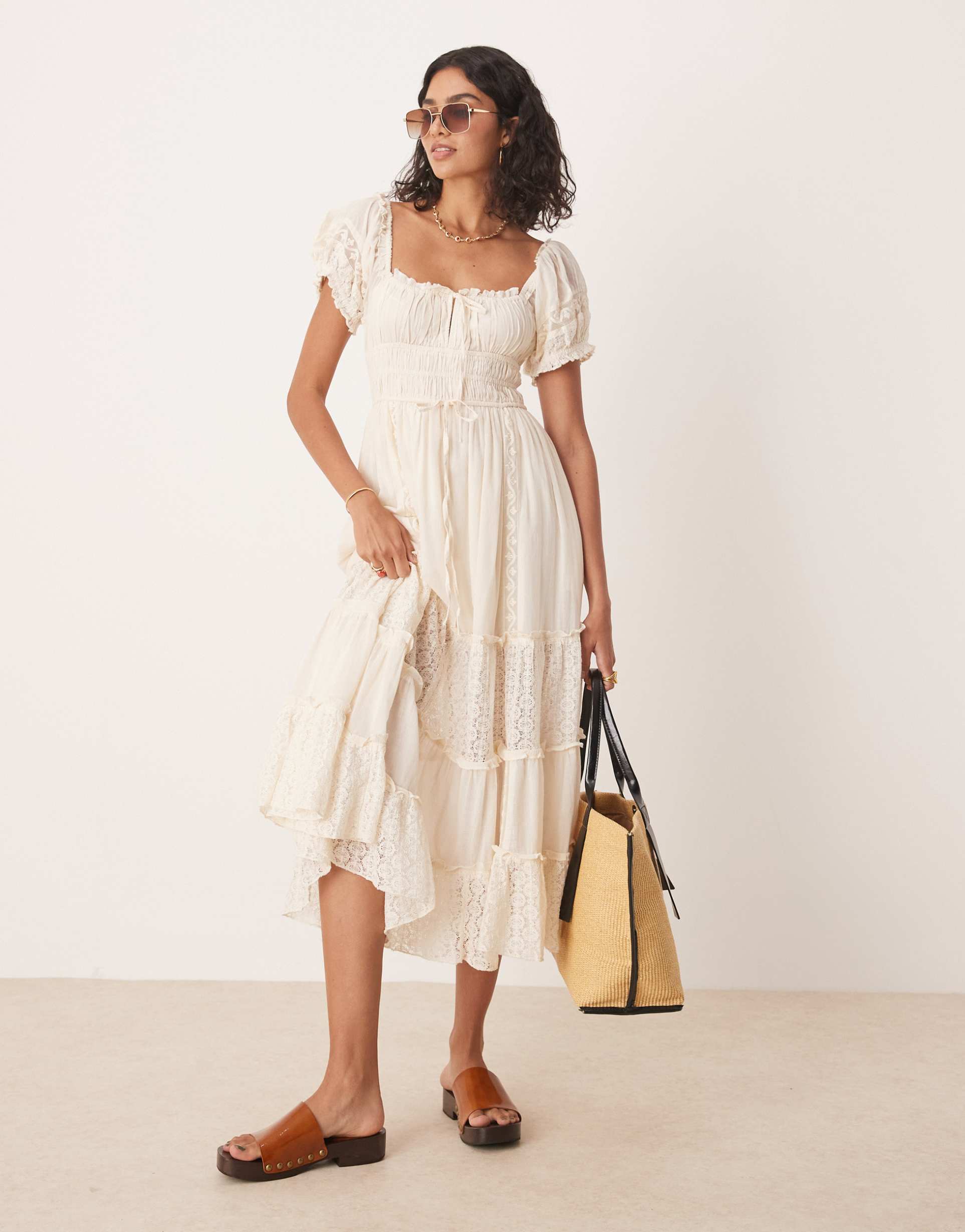 free people falling sun lace insert midi dress in tea