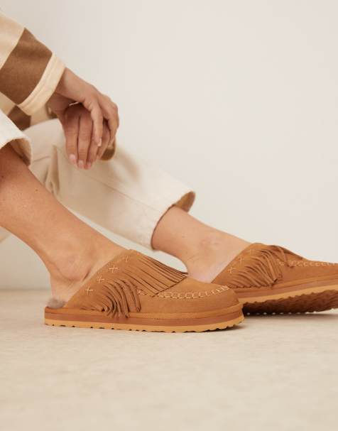 Free People fallon suede  fringed mules in toffee - view 1