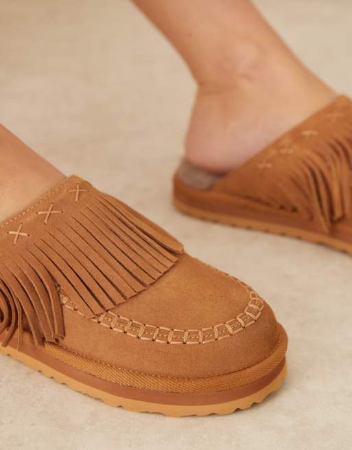 Free People fallon suede fringed mules in toffee | ASOS