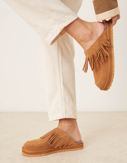 Free People fallon suede fringed mules in toffee, 3 of 4