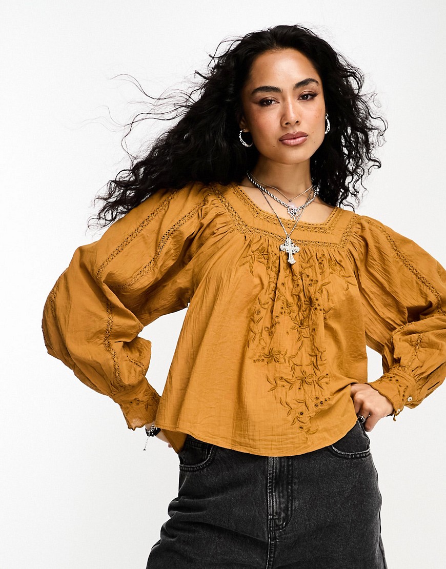 Free People Faraway Fields Embroidered Smock Top In Brown
