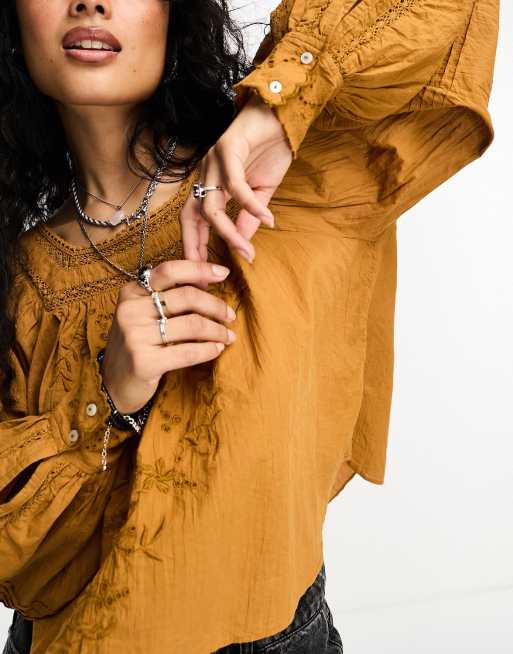 Free People Faraway Fields embroidered smock top in brown