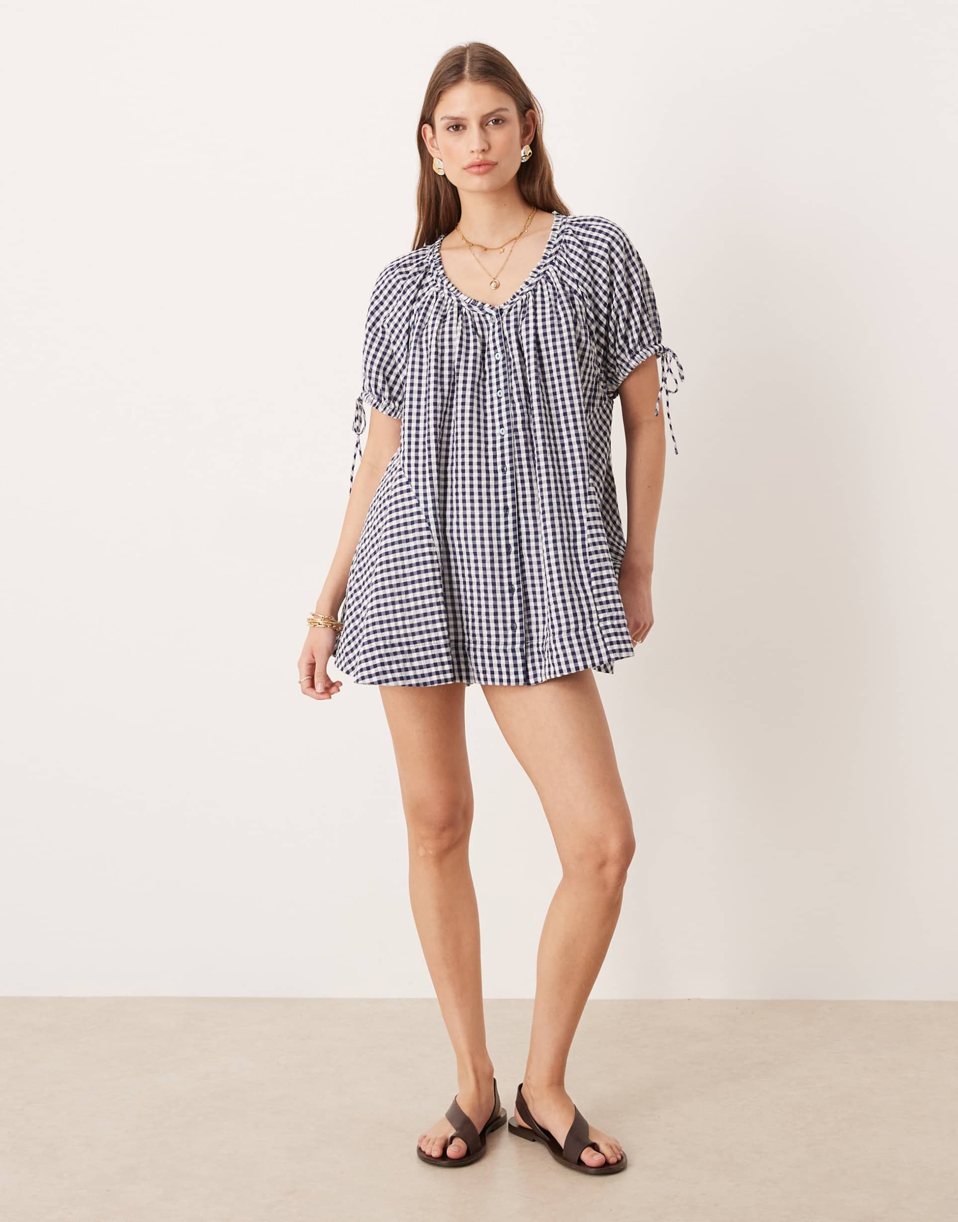 free people farley gingham tunic dress in navy combo