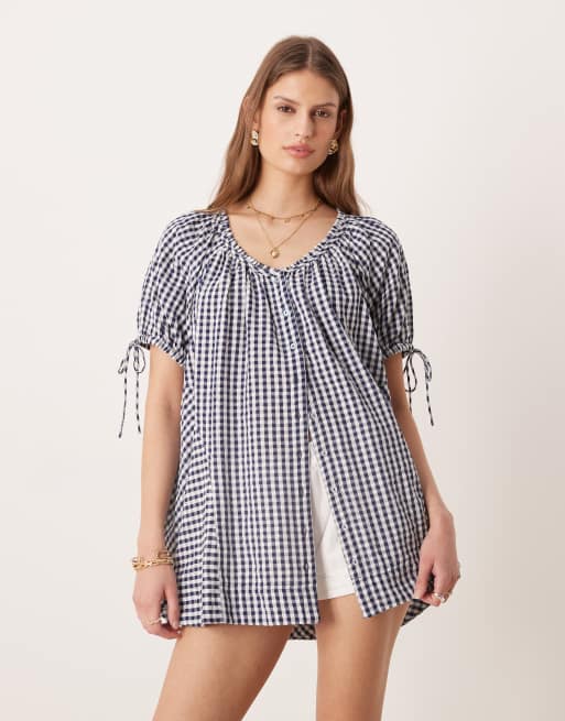 Free People – Farley – Tunika-Kleid mit Vichy-Karos in Marineblau-Combo, 2 von 4