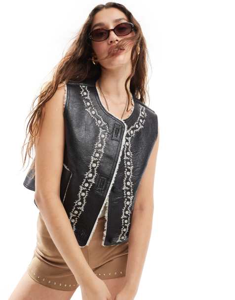 Free People faux leather embroidered vest top in black