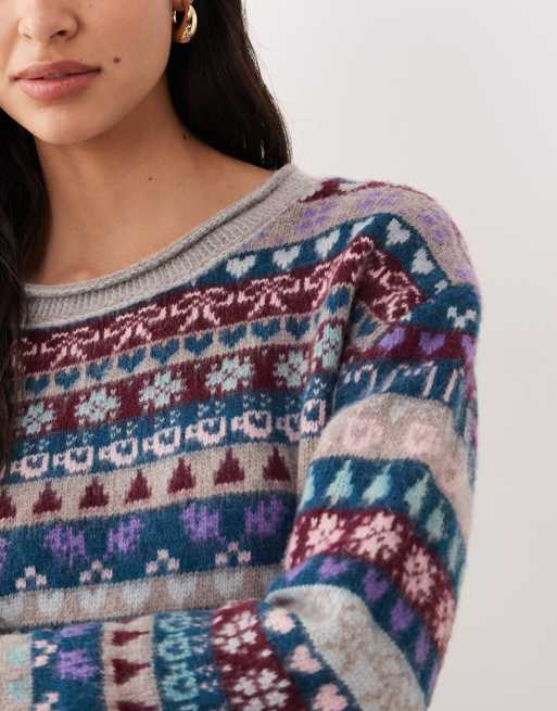 Free People – Favorite Things – Niebiesko-bordowy sweter ze wzorem, 3 z 4