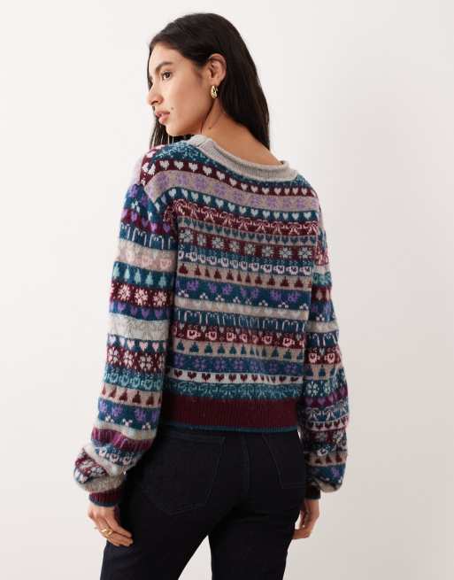 Free People – Favorite Things – Niebiesko-bordowy sweter ze wzorem, 4 z 4