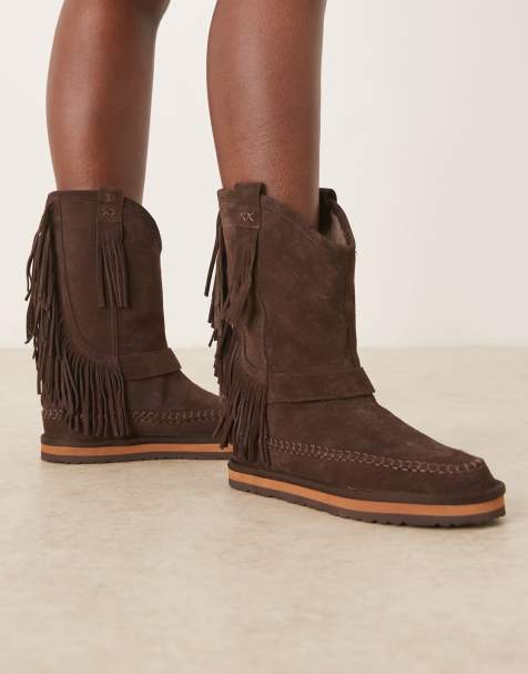 Free People faye fringe pull-on boots in chocolate brown - view 1