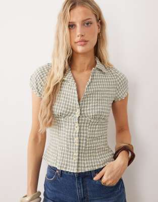 Free People - Figurbetonte, kurzärmlige Bluse mit Vichy-Karomuster in neutralen Farben-Weiß