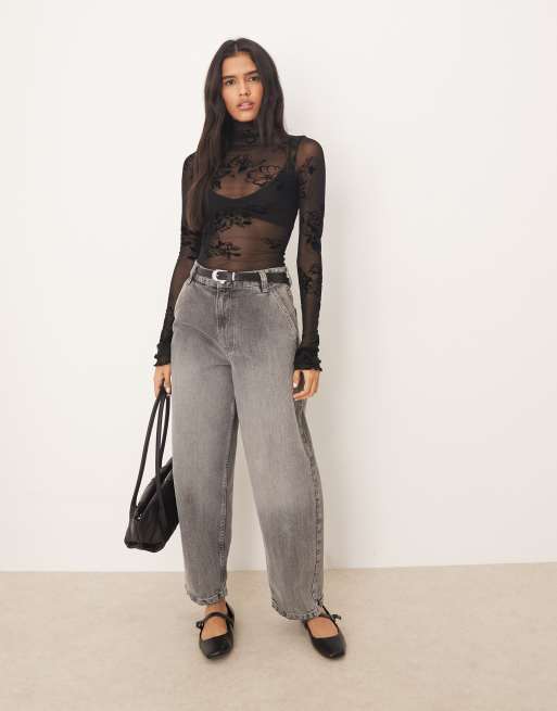 Free People Filigree high neck long sleeve mesh top in black, 4 of 4