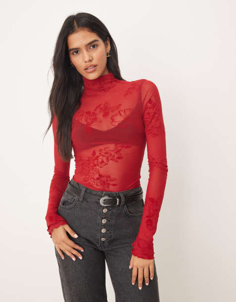 Free People filigree high neck long sleeve mesh top in deep cherry